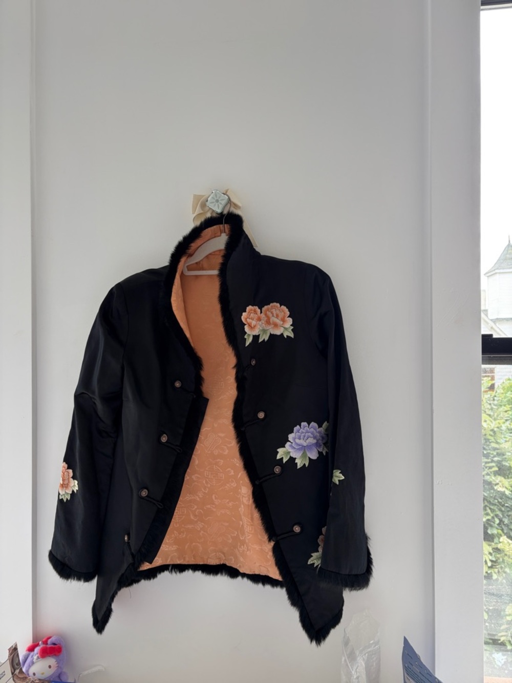 Gorgeous heirloom vintage silk embroidered fur lined light coat military style